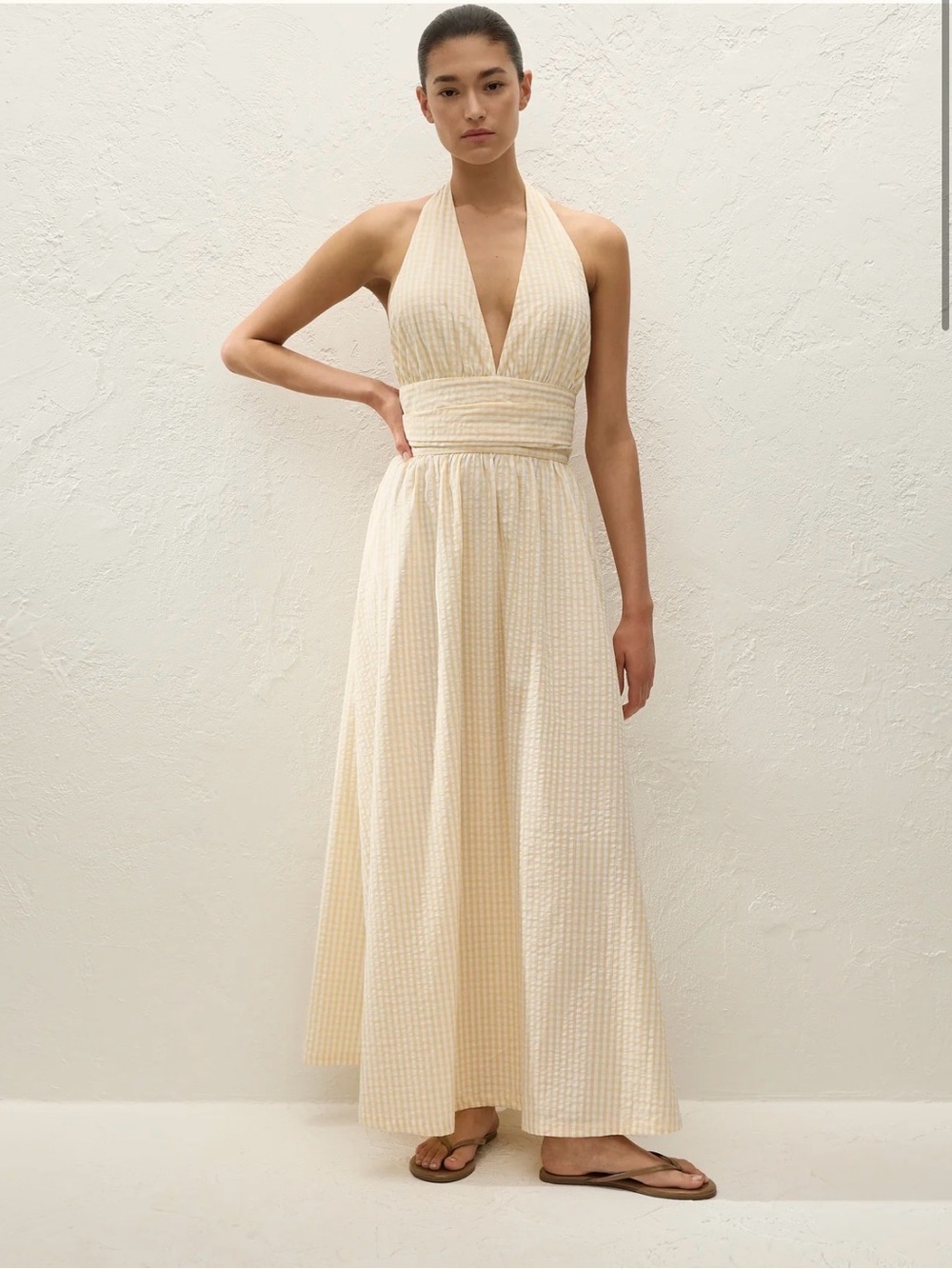 Faithfull the Brand Butter Yellow and Cream Halter Maxi Dress with Deep V